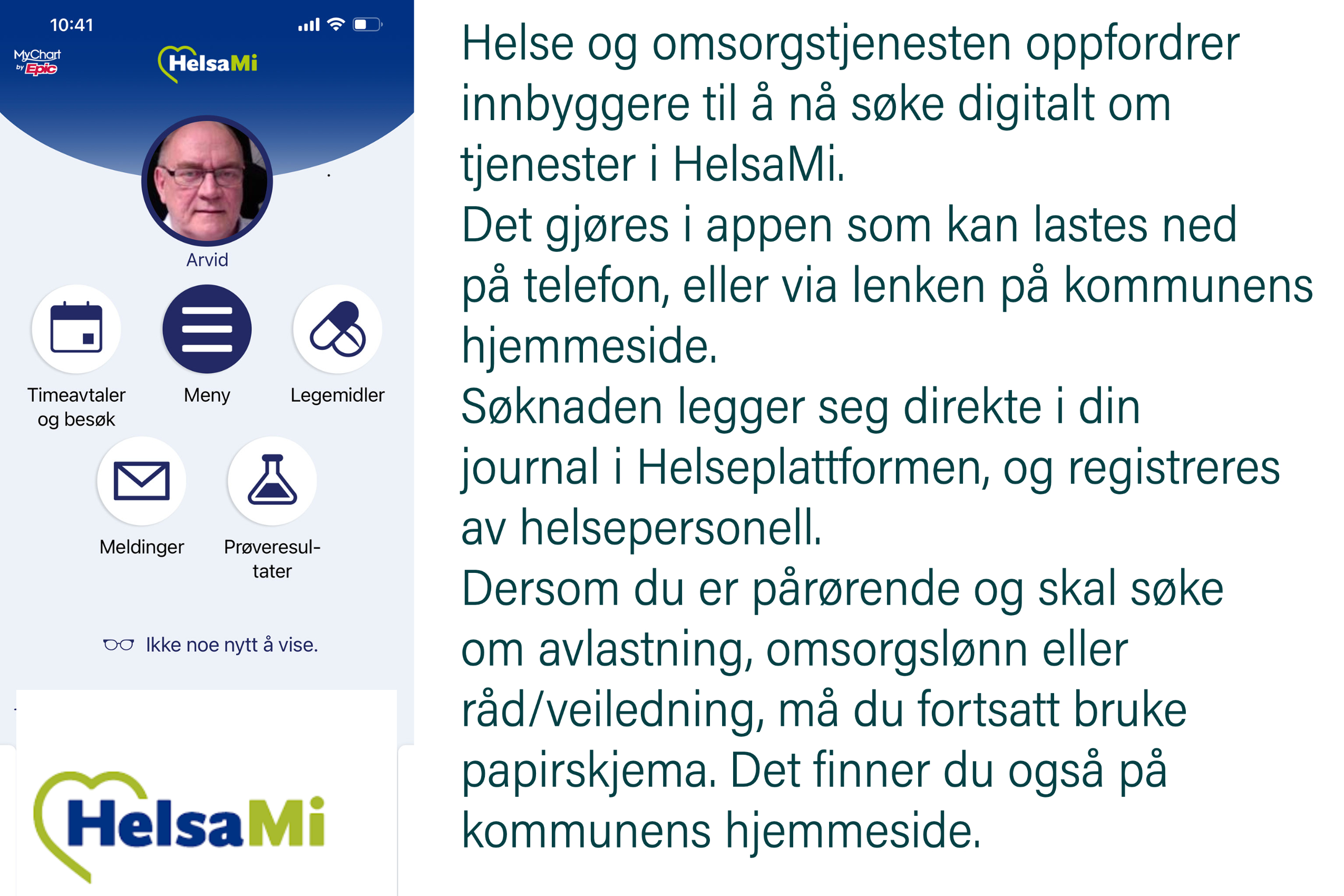 HelsaMi tekstboks med bilde av profilside på Telefon App