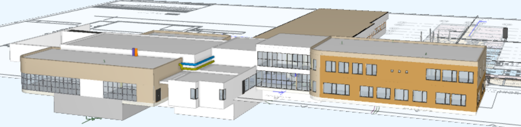 tegning av skolebygget sett fra fylkesveien